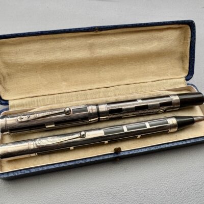 1930s Waterman 454 Night and Day Sterling Silver Overlay Fountain Pen And Pencil Set | Fine Flex Nib