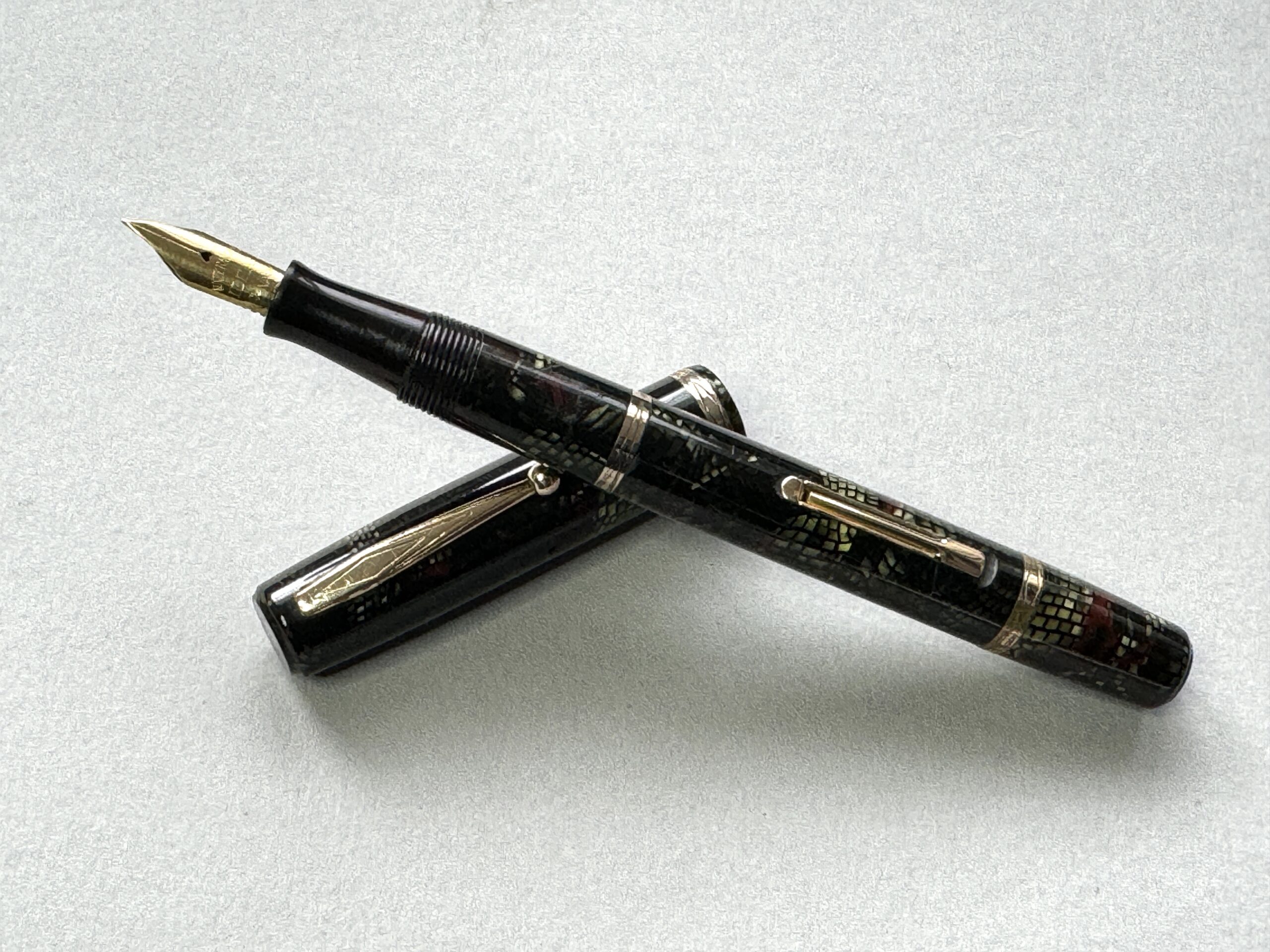 1930s Waterman 92 Green Black Red Lizard Pattern Lever Fill Fountain 1930s Waterman 92 Green Black Red Lizard Pattern Lever Fill Fountain