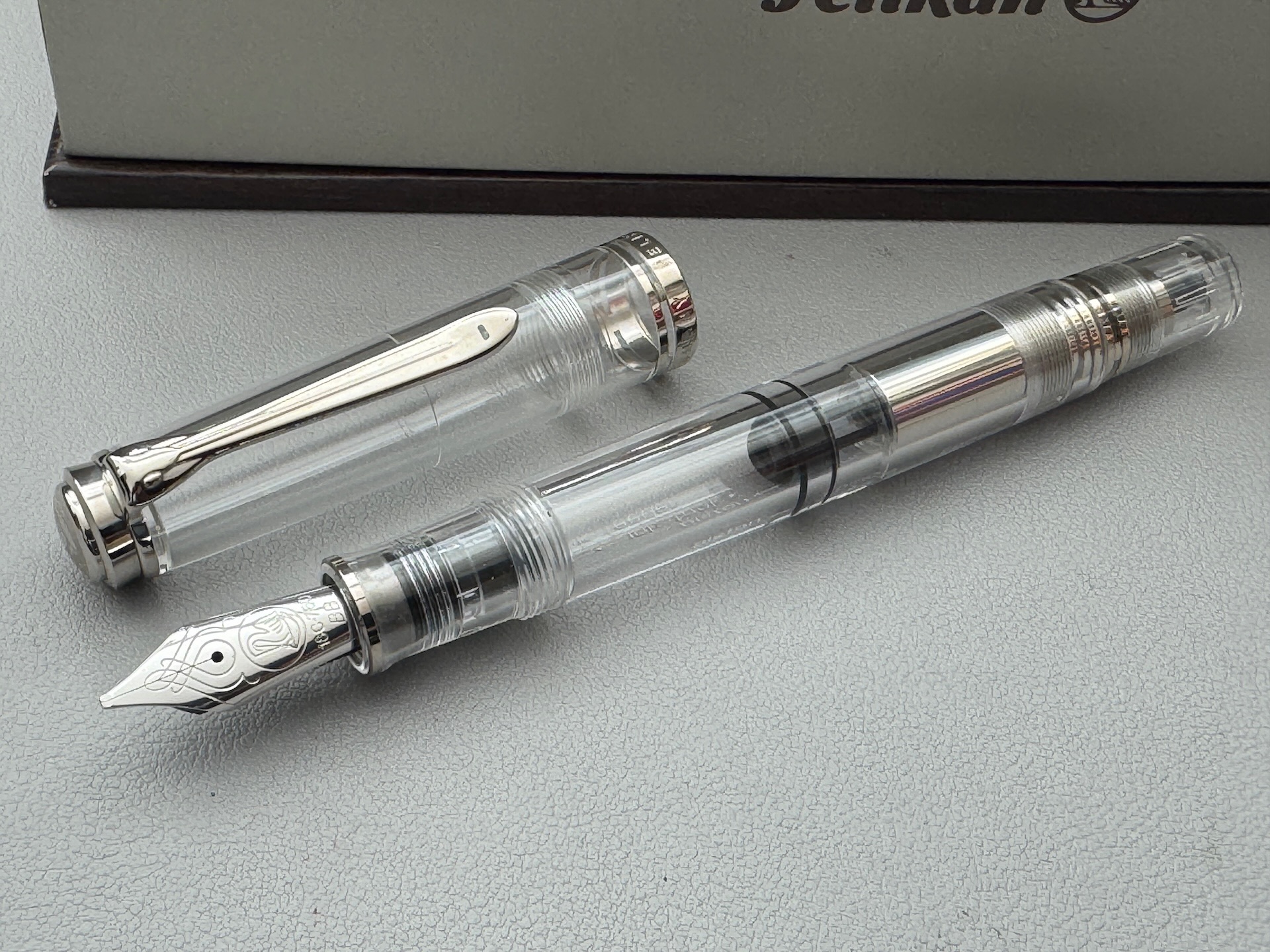 Pelikan Souveran M805 Demonstrator Fountain Pen | English Engravings | Double Broad Nib